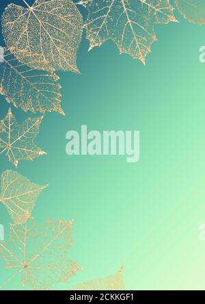 Herbst helle Farbe vertikalen Hintergrund. Schöne Gold transparente Skelett Blätter zarten Muster Textur auf blauem blauem Hintergrund mit Platz Stockfoto
