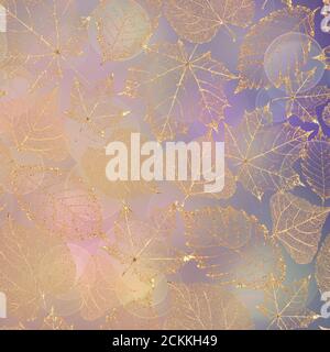 Herbst Märchen bunten quadratischen Hintergrund. Schöne Gold goldfarbene transparente Skelett Blätter zarten Muster Textur auf lila Lavendel Bokeh backgroun Stockfoto