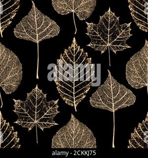 Herbst Fee abstrakt Glitter transparent Blattgold Skelett nahtlose Muster. Luxus gelb goldene Blätter glitzernden Ornament auf schwarzem Hintergrund. Pr Stockfoto