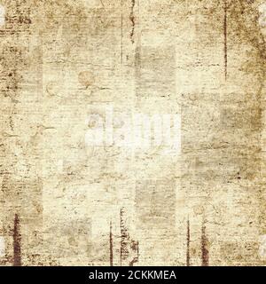 Zeitung alte Grunge Collage quadratische Textur. Unlesbares Vintage News Papier Muster. Zerkratztes Papier, strukturierte Seite. Braune Sepia Zeitungspapier Hintergrund. Stockfoto