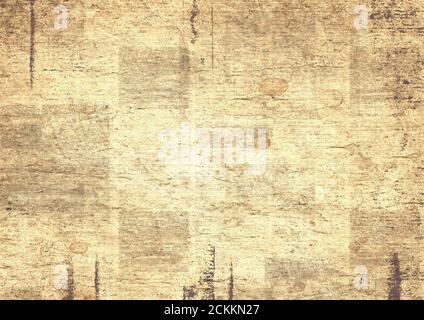 Zeitung alte Grunge Collage horizontale Textur. Unlesbares Vintage News Papier Muster. Zerkratztes Papier, strukturierte Seite. Brown alten Zeitungspapier backgro Stockfoto