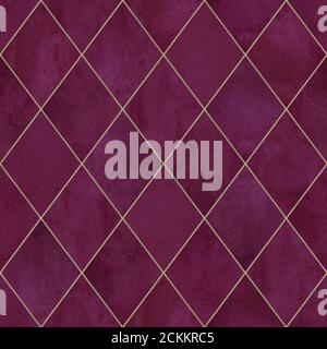 Aquarell argyle abstrakte geometrische Karo Nahtloses Muster mit Gold Glitter Linie Kontur. Aquarell Hand gezeichnet Burgund Farbe Luxus glitzernden BA Stockfoto