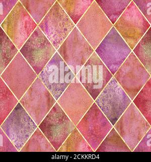 Aquarell argyle abstrakte geometrische Karo Nahtloses Muster mit Gold Glitter Linie Kontur. Aquarell handgezeichnete bunte rote Textur Hintergrund. Pr Stockfoto