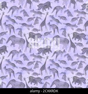 Lila und grau Tiere abstrakt nahtlose Muster Hintergrund. Aquarell handgezeichnete Silhouette Tierwelt Illustration. Skizzenstil. Aquarelldruck Stockfoto