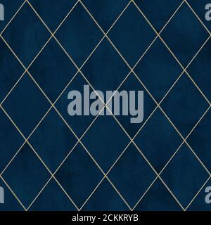 Aquarell argyle abstrakte geometrische Karo Nahtloses Muster mit Gold Glitter Linie Kontur. Aquarell handgezeichnet dunkelblau Luxus glitzernden backgro Stockfoto