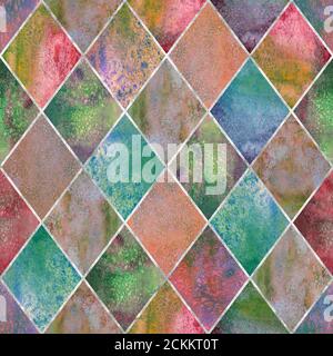 Aquarell argyle abstrakte geometrische Karo Nahtloses Muster mit silbernen Glitzer Linie Kontur. Aquarell von Hand gezeichnet hell bunte Textur backgroun Stockfoto