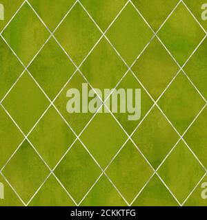 Aquarell argyle abstrakte geometrische Karo Nahtloses Muster mit silbernen Glitzer Linie Kontur. Aquarell handgezeichnet grün gelb Textur Hintergrund. Stockfoto