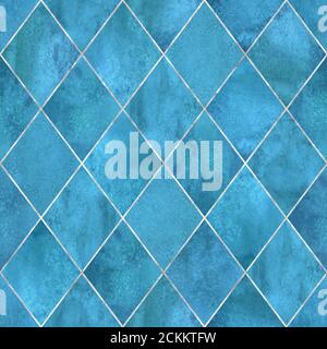 Aquarell argyle abstrakte geometrische Karo Nahtloses Muster mit silbernen Glitzer Linie Kontur. Aquarell handgezeichnet Meer blau Textur Hintergrund. Prin Stockfoto