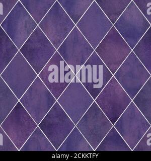 Aquarell argyle abstrakte geometrische Karo Nahtloses Muster mit silbernen Glitzer Linie Kontur. Aquarell handgezeichnet violett lila Textur Hintergrund. Stockfoto