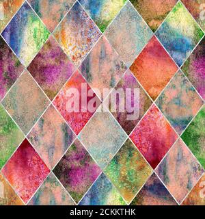 Aquarell argyle abstrakte geometrische Karo Nahtloses Muster mit silbernen Glitzer Linie Kontur. Aquarell von Hand gezeichnet hell bunte Textur backgroun Stockfoto