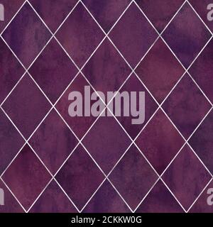Aquarell argyle abstrakte geometrische Karo Nahtloses Muster mit silbernen Glitzer Linie Kontur. Aquarell von Hand gezeichnet Licht Burgund Textur Hintergrund Stockfoto