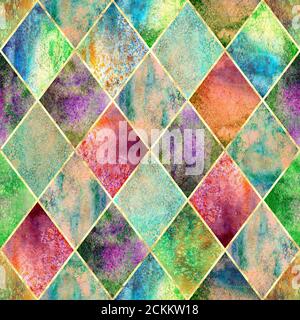 Aquarell argyle abstrakt grün geometrisch Karo Nahtloses Muster mit Gold Glitter Linie Kontur. Aquarell Hand gezeichnet hell bunte Textur backg Stockfoto
