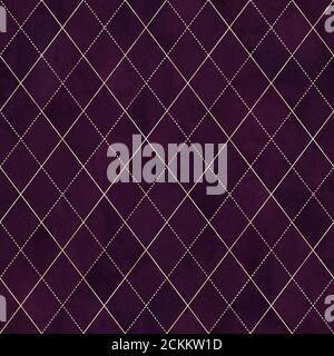 Aquarell argyle abstrakt geometrisch Karo Nahtloses Muster mit Gold Glitter Linie. Aquarell handgezeichnet Burgund Farbe Hintergrund. Luxuriöser Glitzereffekt Stockfoto