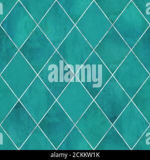Aquarell argyle abstrakte geometrische Karo Nahtloses Muster mit silbernen Glitzer Linie Kontur. Aquarell handgezeichnet blaugrün Textur Hintergrund Stockfoto