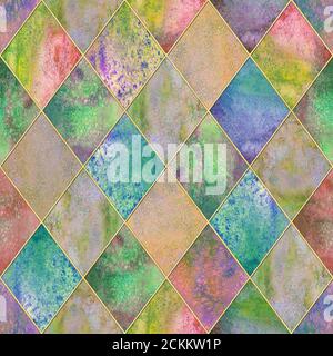 Aquarell argyle abstrakte geometrische Karo Nahtloses Muster mit Gold Glitter Linie Kontur. Aquarell handgezeichneter farbenfroher Hintergrund. Glitzernder Punkt Stockfoto