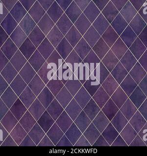 Aquarell argyle abstrakt geometrisch Karo Nahtloses Muster mit Gold Glitter Linie. Aquarell handgezeichnet lila Farbe Hintergrund. Luxus, glitzernd Stockfoto