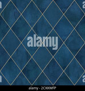 Aquarell argyle abstrakt geometrisch Karo Nahtloses Muster mit goldener Glitzer-Kontur. Aquarell handgezeichneter dunkelblauer Hintergrund. Luxus, glitzernd Stockfoto