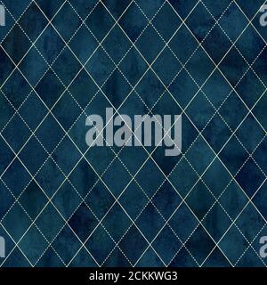 Aquarell argyle abstrakt geometrisch Karo Nahtloses Muster mit goldener Glitzer-Kontur. Aquarell von Hand gezeichnet hellen blauen Hintergrund. Luxuriöser Glitzereffekt Stockfoto