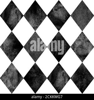 Schwarz-weißes, nahtloses Karomuster im argyle-Design. Aquarell handgezeichnete Textur Hintergrund. Rhombus formt texturierten Hintergrund. Druck für Stoffdesign, Stockfoto