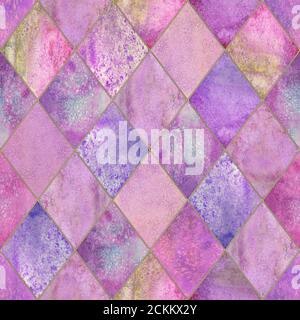 Aquarell argyle abstrakt geometrisch Karo Nahtloses Muster mit goldener Glitzer-Kontur. Aquarell handgezeichnete bunte rosa Hintergrund. Luxuriöser Glitzer Stockfoto