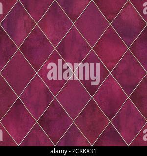 Aquarell argyle abstrakt geometrisch Karo Nahtloses Muster mit goldener Glitzer-Kontur. Aquarell von Hand gezeichnet dunkelrosa Hintergrund. Luxus, glitzernd Stockfoto