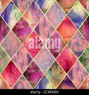 Aquarell argyle abstrakt rosa geometrische Karo Nahtloses Muster mit Gold Glitter Linie Kontur. Aquarell Hand gezeichnet hell bunte Textur backgr Stockfoto