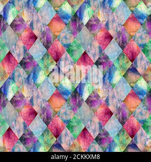 Aquarell argyle abstrakt geometrisch kariert Nahtloses Muster. Aquarell von Hand gezeichnet helle bunte Textur Hintergrund. Texturierter Druck für Textil, wa Stockfoto