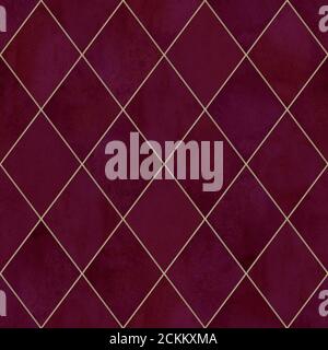 Aquarell argyle abstrakte geometrische Karo Nahtloses Muster mit Gold Glitter Linie Kontur. Aquarell handgezeichneter burgunderroter Hintergrund. Luxus-Tex Stockfoto