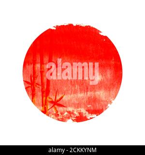 Rote Silhouette von Bambusstämmen und Blättern auf große rote Sonne isoliert auf quadratischem weißem Hintergrund. Aquarell handgezeichnete traditionelle japanische Illustration Stockfoto