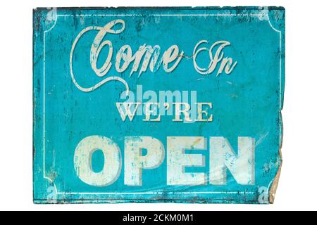 Retro electric blue come in we're open sign isolated on a white background Stockfoto