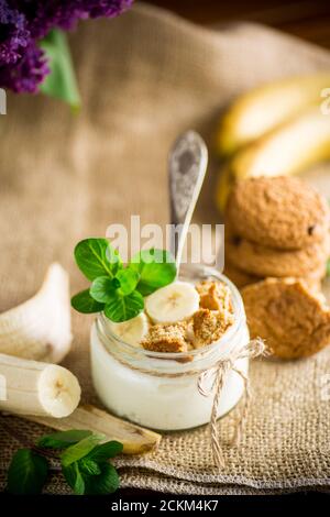 Süßer hausgemachter Joghurt mit frischen Bananen und Scheiben Haferflocken Stockfoto