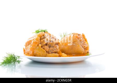 Gefüllt mit Fleisch und Reis mit gerösteter Pfeffersauce Stockfoto