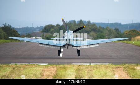 Cumbernauld, Schottland, Großbritannien. September 2020. Im Bild: Sonderflug eines spitfire-Flugzeugs mit der auf die Rumpfunterseite gemalten Botschaft „THANK U NHS“ wird vor einer Menschenmenge, die sich vor dem Flughafen Cumbernauld versammelt hat, beim Kunstflug gesehen, bevor es für den Abend landet. Morgen geht die spitfire auf Schottland-Rundreise über verschiedene Krankenhäuser und dankt dem NHS für seine harte Arbeit während der Coronavirus-Pandemie (COVID-19). Quelle: Colin Fisher/Alamy Live News Stockfoto