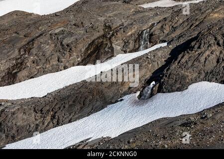 Remant Schneefelder und Wasserfall in der Nähe von Hogsback Camp, ein Kletterer-Camp entlang Heliotrope Ridge an den Hängen des Mount Baker, Mount Baker-Sn Stockfoto