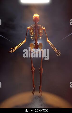 3D-Illustration eines Skeletts in einer dunklen industriellen Umgebung, das ins Licht aufsteigt. Stockfoto