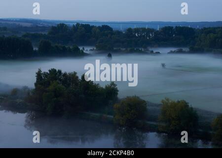 Blick von einer Aussichtsplattform in die Saarner Aue frueh morgens zur 'Blauen Stunde'. Stockfoto