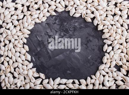 Weiße kleine Muschelschalen Rahmen Muster auf einem schwarzen Beton Hintergrund, Draufsicht, flache Lage, Kopierraum. Stockfoto