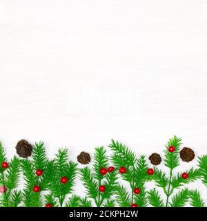 Christbaumzweige mit stacheligen Ilex-Beeren und kleinen Zapfen auf weißem Holzhintergrund. Speicherplatz kopieren Stockfoto