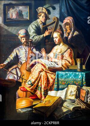 Musical Company von Rembrandt Harmensz van Rijn (1606-1669) Öl auf Tafel (1626) Stockfoto