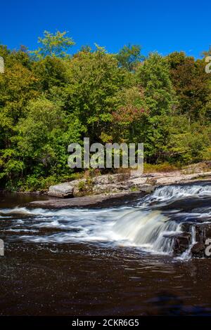 Warnertown Falls ist eine niedrige anmutige Kaskade entlang Tobyhanna Creek in Pennsylvania Pocono Mountains. Stockfoto