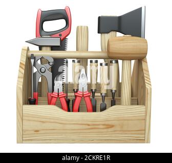 Eine hölzerne Werkzeugkiste mit Axt, Meißel, Zange, Hammer, Schraubendreher, Schraubenschlüssel, Säge und Drahtschneider. 3d-Illustration isoliert auf einer weißen BA Stockfoto