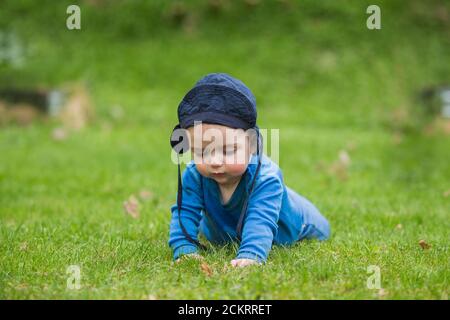 6 Monate altes Baby kriecht draußen im grünen Gras Stockfoto