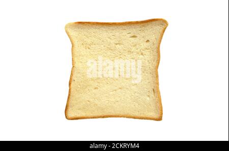 Eine Scheibe Milchbrot isoliert auf weißem Hintergrund. Draufsicht. Leckeres frisches, weißes französisches Brot. Stockfoto