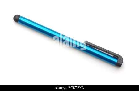 Draufsicht des blauen kapazitiven Touchscreen Stylus isoliert auf weiß Stockfoto