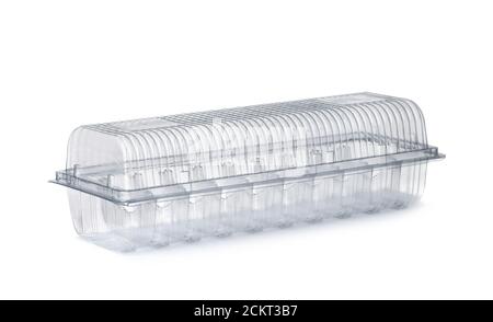 Leere transparente Kunststoff-Lebensmittel-Container isoliert auf weiss Stockfoto
