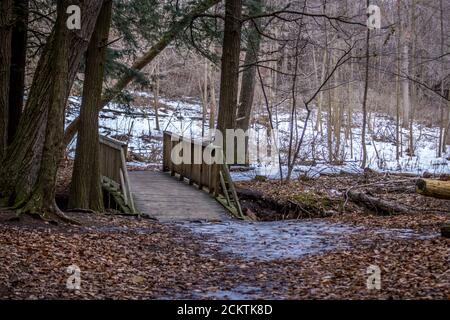 Holzbrücke über Sheridan Creek im Winter Stockfoto