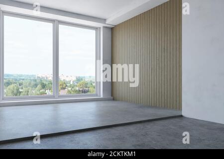 Interior Room mit Fenster und Betonboden, Simple Apartment, minimalistisches modernes Innendekor, Fashion Style, 3D Rendering Illustration, Contempora Stockfoto