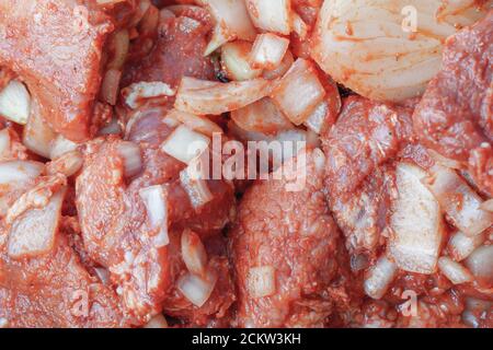 Mariniertes rohes Fleisch für Schischebab oder Barbecue mit Zwiebeln Und Gewürze aus nächster Nähe Stockfoto