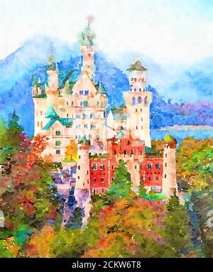 Original Aquarell-Gemälde des berühmten Schlosses Neuschwanstein in Bayern, Deutschland. Stockfoto