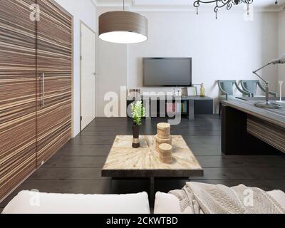 Wohnzimmer mit Arbeitsbereich. 3d-Rendering Stockfoto